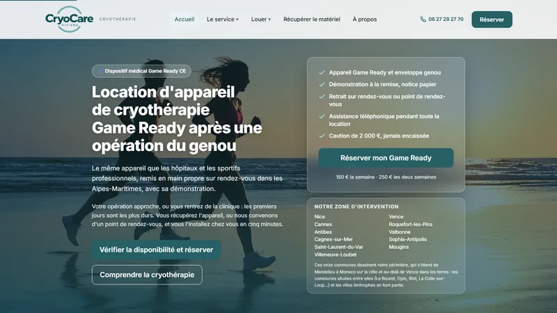 Website of CryoCare Riviera, cryotherapy device rental, built by Applyze